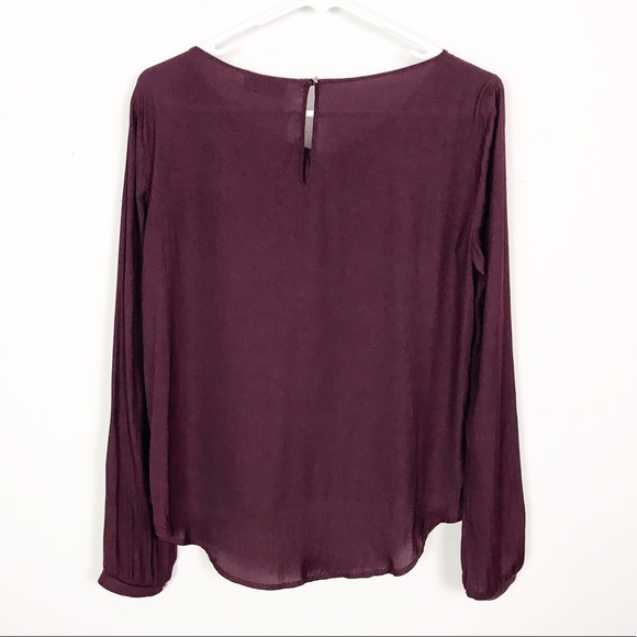 ASTR Burgundy Wine Purple Faux Wrap Top Loose Fit Flowy Chiffon Drape Blouse - Picture 5 of 8